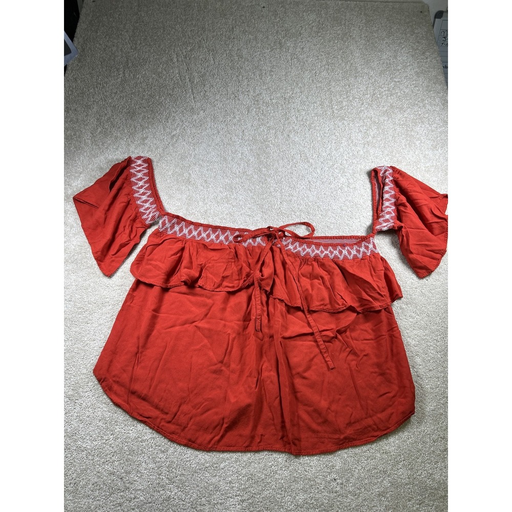 Ashley Stewart Off Shoulder Top Womens 32 Embroidered Boho Ruffle Rayon Summer